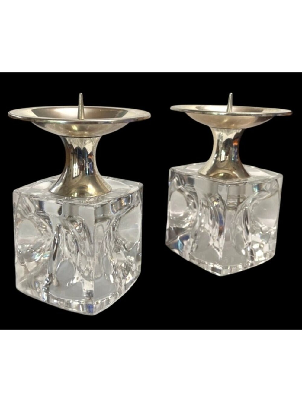 Vtg Rudolf Jurnikl Cut Glass Cube Candle Holder Chromed Silver Spike Sklo Union